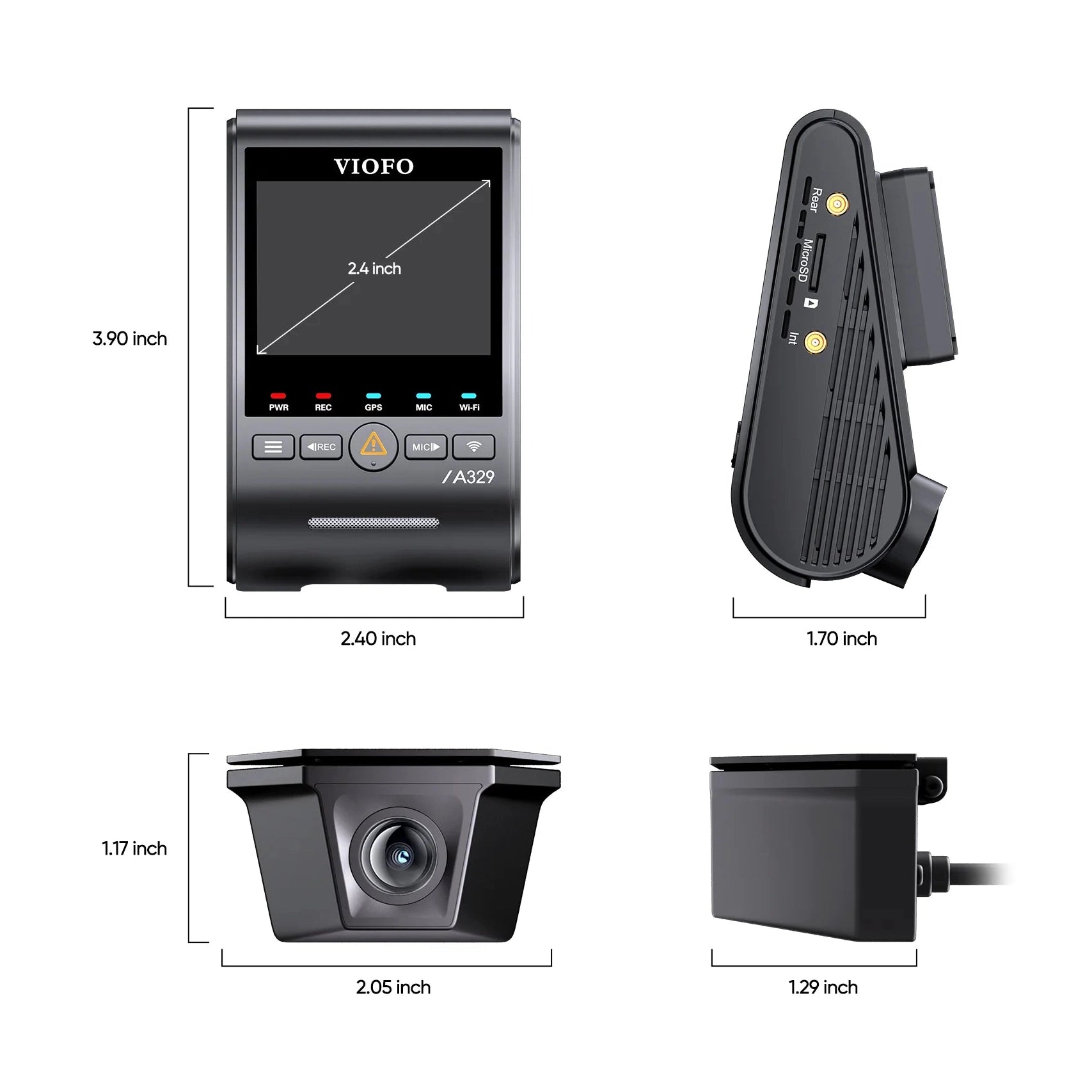 VIOFO A329SW technical dimensions diagram for front and rear dash camera units