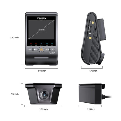 VIOFO A329SW technical dimensions diagram for front and rear dash camera units