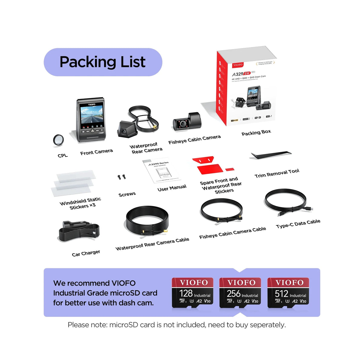VIOFO A329SW box contents including CPL filter, three cameras, cables, charger and microSD card options