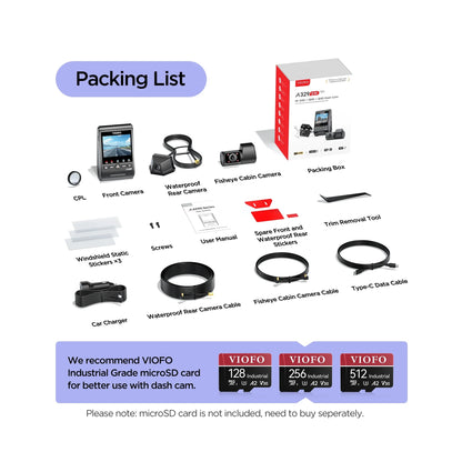 VIOFO A329SW box contents including CPL filter, three cameras, cables, charger and microSD card options