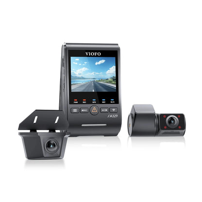 VIOFO A329SW 3-channel dash cam kit showing main unit with screen and matte black front and rear cameras