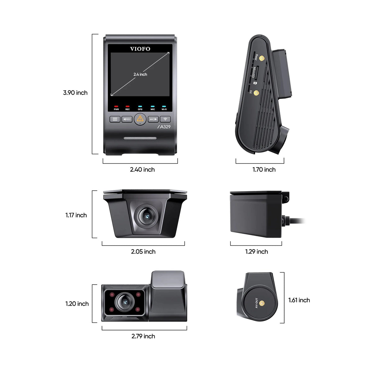 VIOFO A329SW dimensional diagram showing size of main unit, front camera and waterproof rear camera