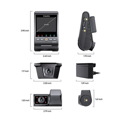 VIOFO A329SW dimensional diagram showing size of main unit, front camera and waterproof rear camera