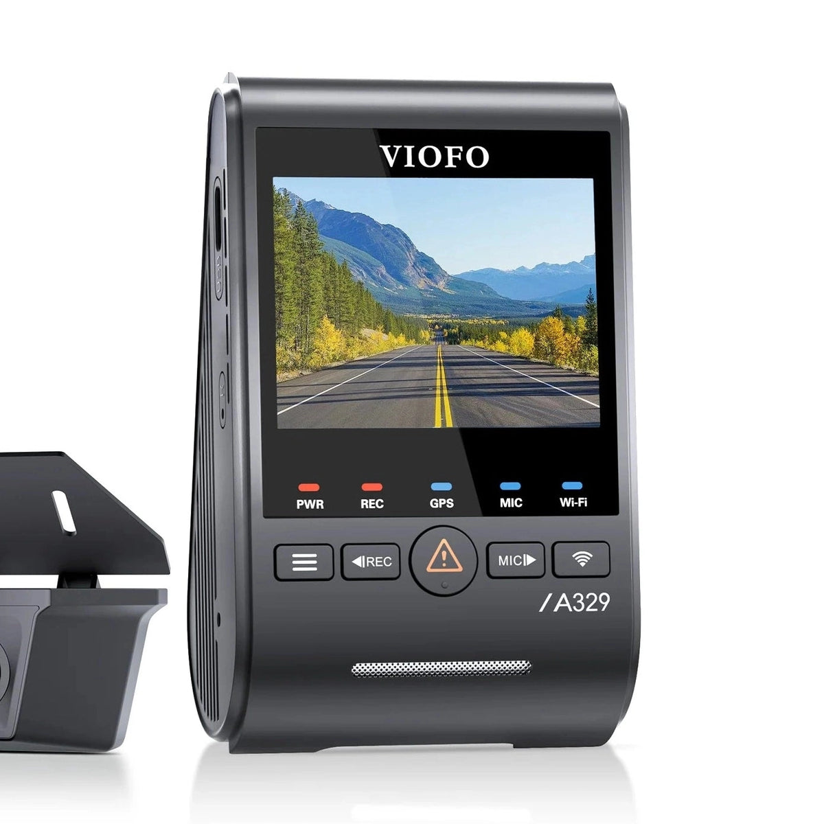 VIOFO A329SW dual lens dash cam with GPS Wi-Fi buttons and orange warning indicator