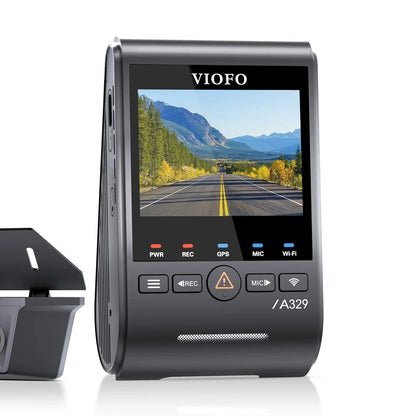 VIOFO A329SW dual lens dash cam with GPS Wi-Fi buttons and orange warning indicator