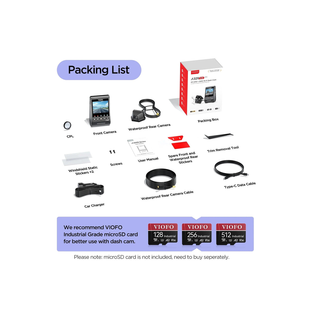 VIOFO A329SW complete kit contents including car charger cables and mounting accessories