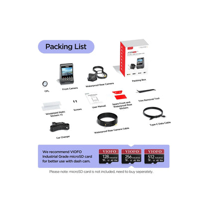 VIOFO A329SW complete kit contents including car charger cables and mounting accessories
