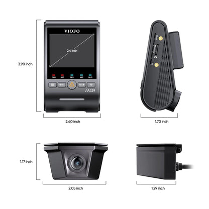 VIOFO A329SW technical dimensions diagram for front and rear dash camera units