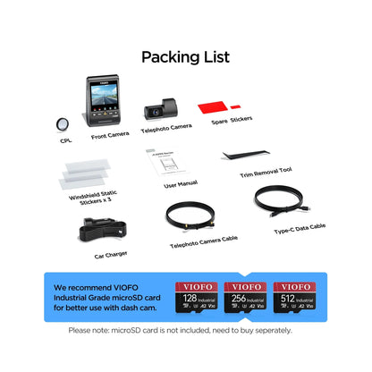 VIOFO A329T dash cam accessories kit with front and telephoto cameras, cables, mount stickers, and microSD card recommendation