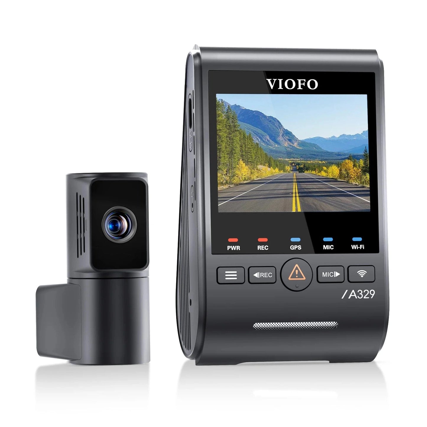 VIOFO A329T dual camera dash cam system with telephoto lens module displaying road scene on 2.4-inch screen