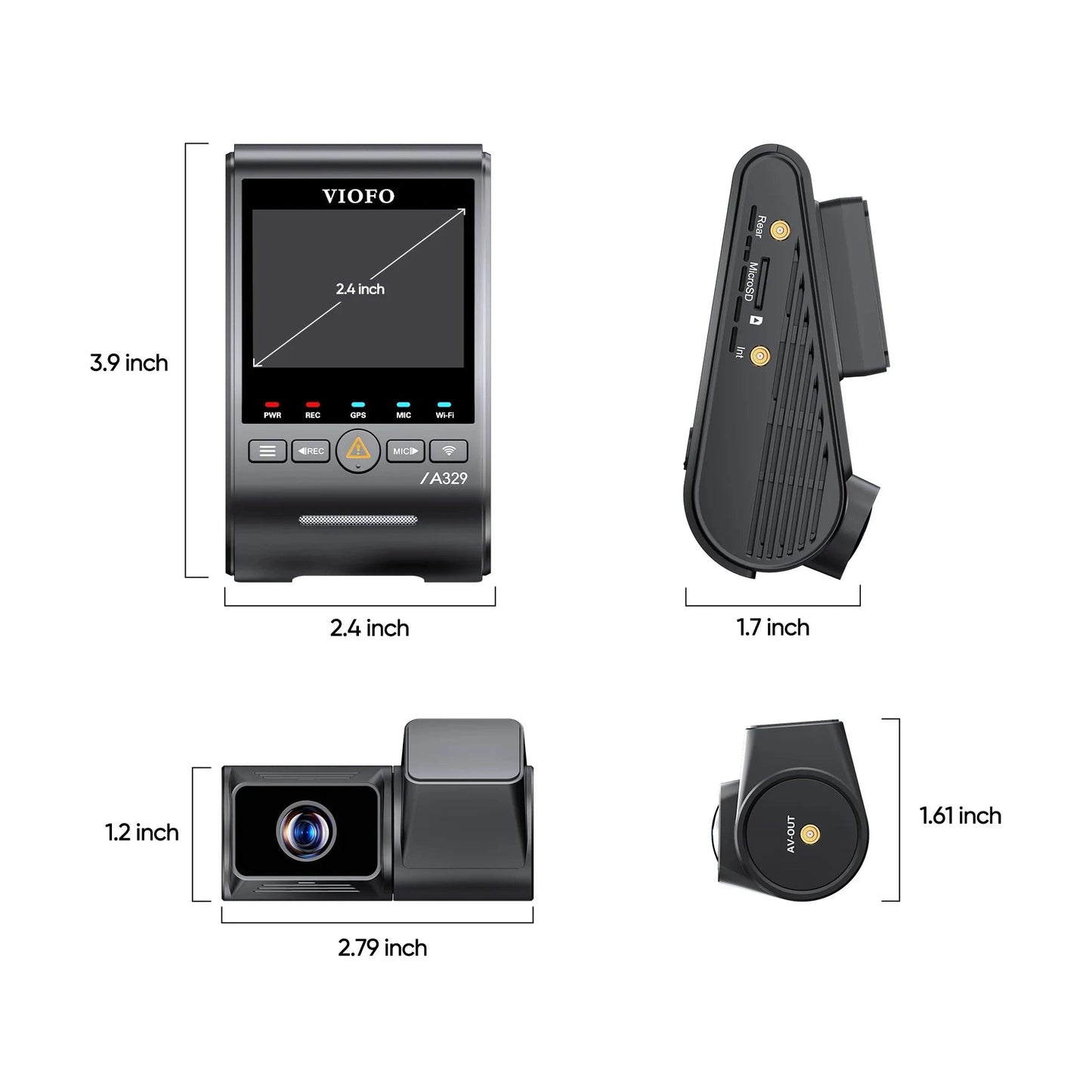 VIOFO A329T dash cam technical dimensions diagram showing main unit and telephoto camera measurements in inches
