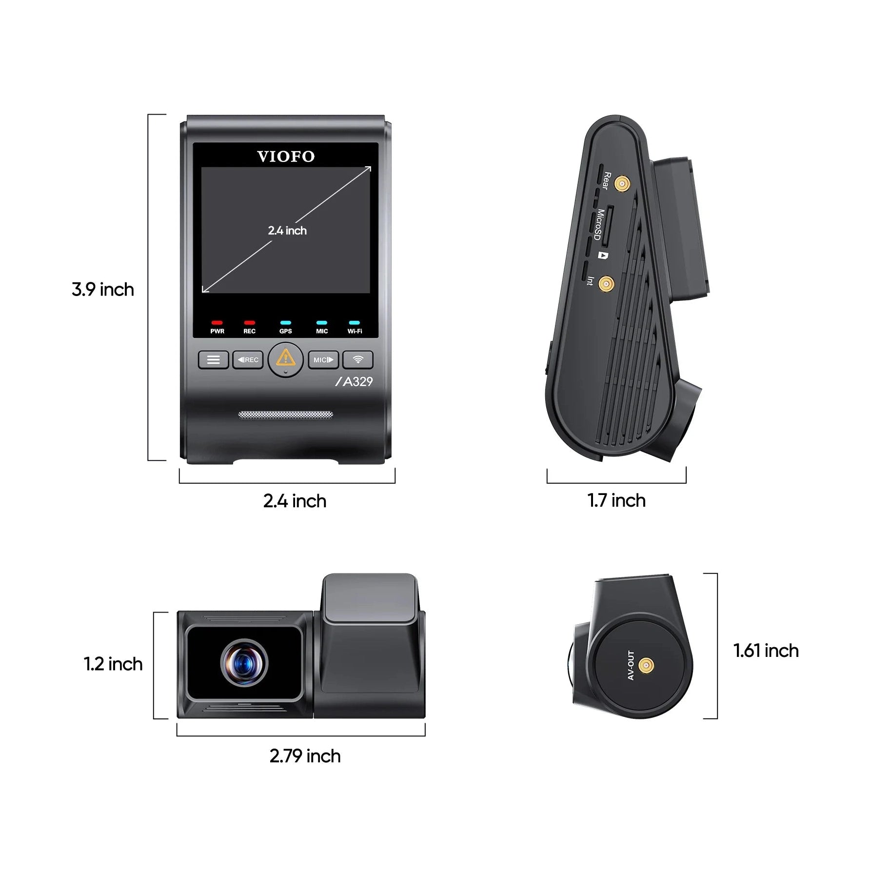 VIOFO A329T dash cam technical dimensions diagram showing main unit and telephoto camera measurements in inches