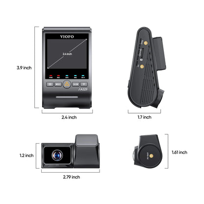 VIOFO A329T dash cam technical dimensions diagram showing main unit and telephoto camera measurements in inches