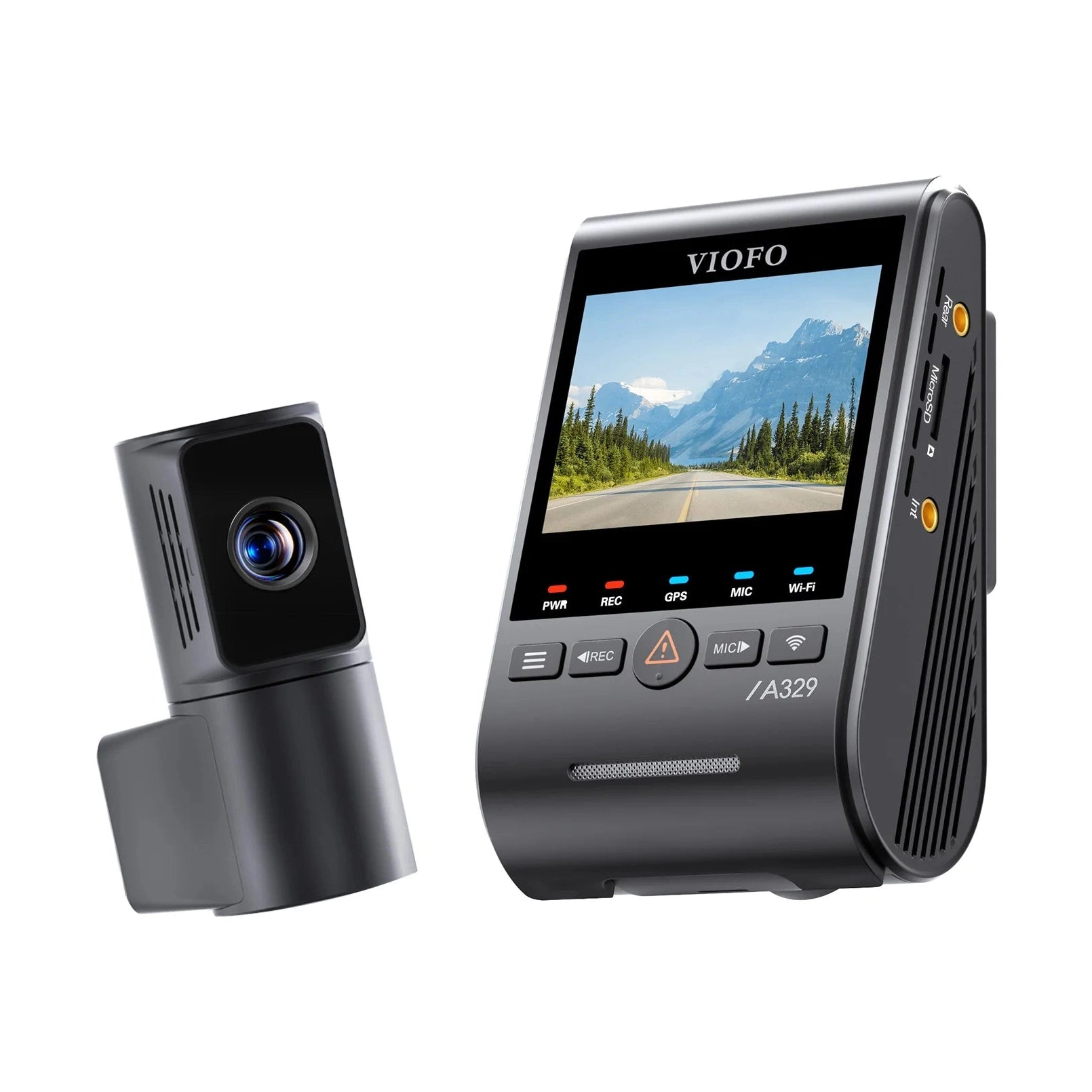 VIOFO A329T dash cam side view showing MicroSD AV OUT ports and reset button with detachable telephoto lens module