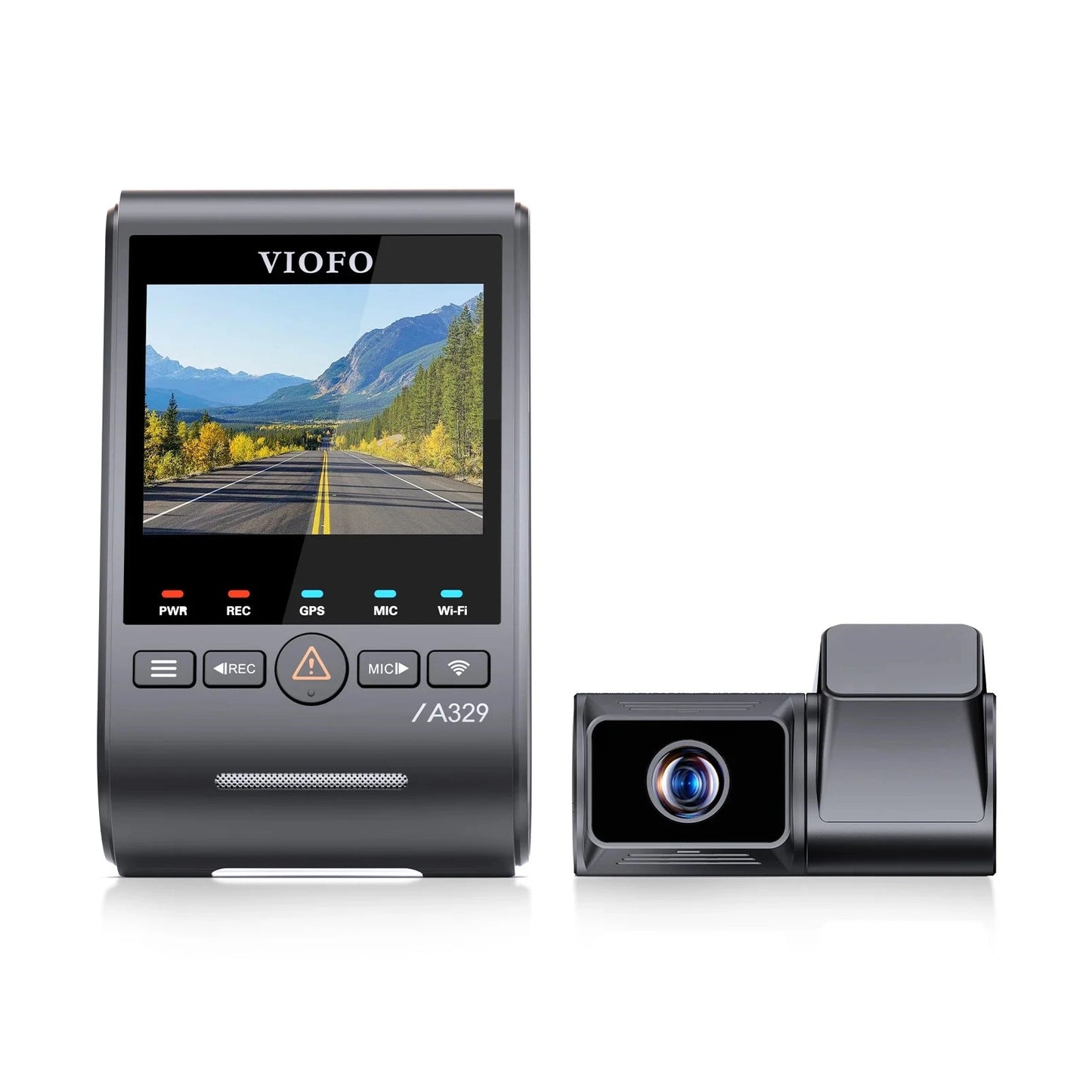 VIOFO A329T front and telephoto camera modules shown separately on white background with matte black finish