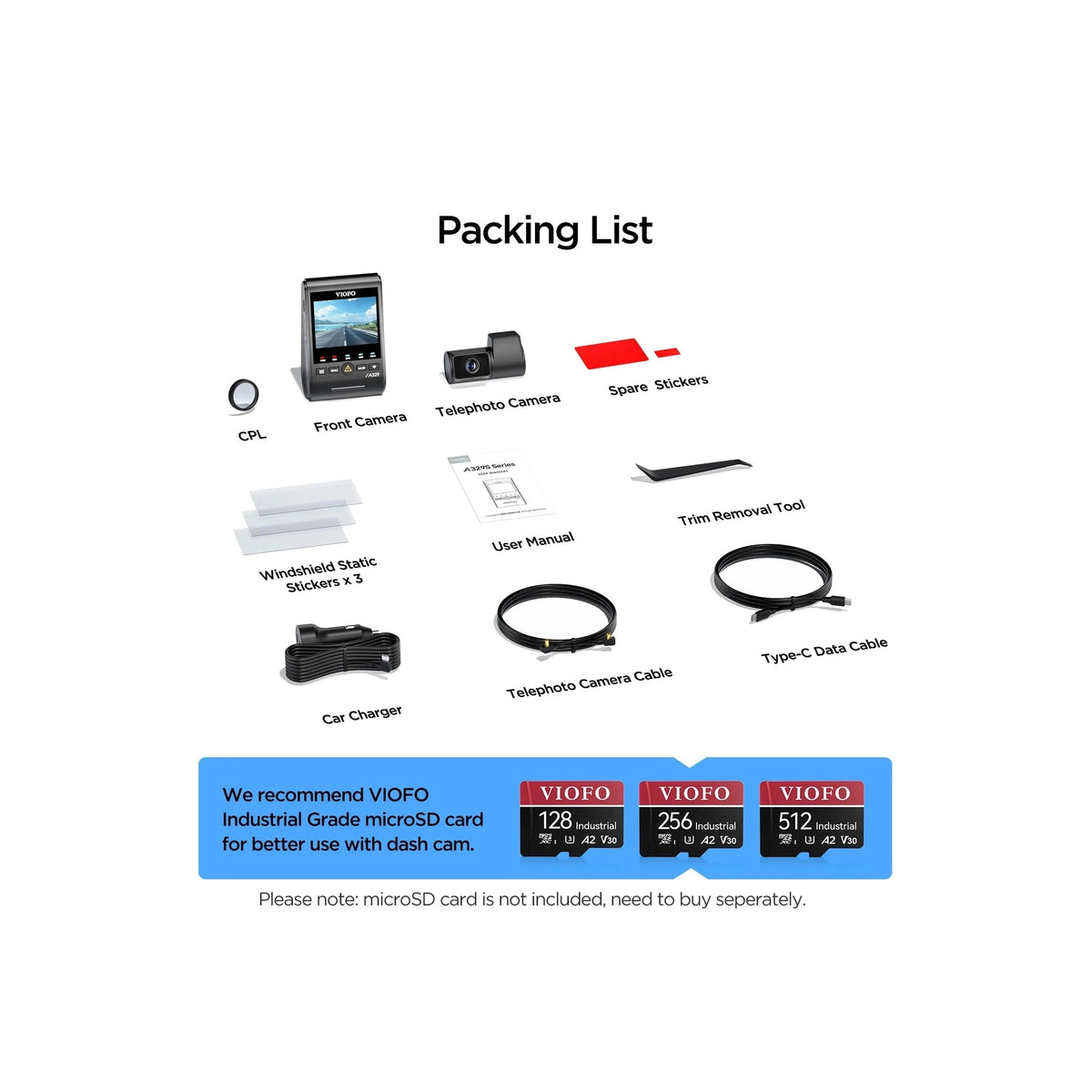 VIOFO A329T dash cam accessories kit with front and telephoto cameras, cables, mount stickers, and microSD card recommendation