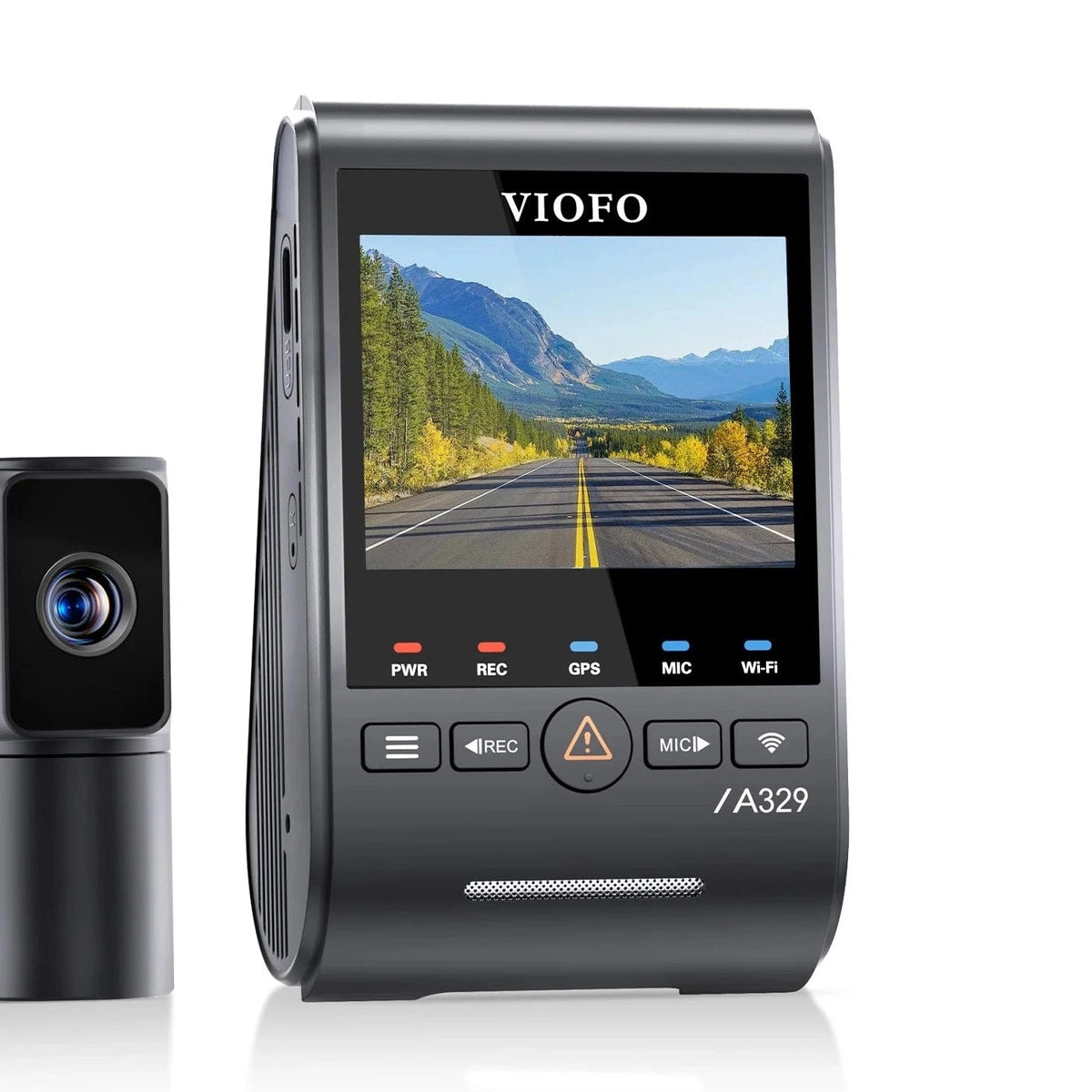 VIOFO A329T dual camera dash cam system with telephoto lens module displaying road scene on 2.4-inch screen