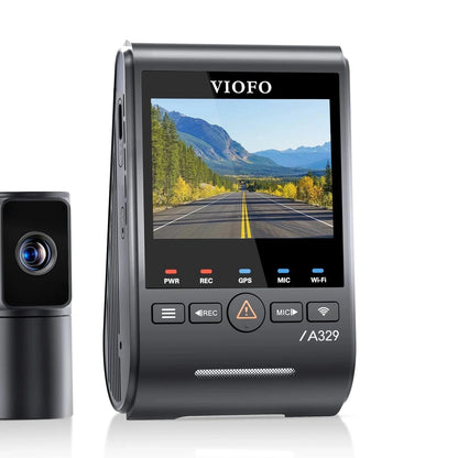VIOFO A329T dual camera dash cam system with telephoto lens module displaying road scene on 2.4-inch screen
