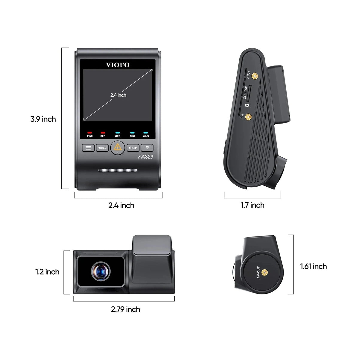 VIOFO A329T dash cam technical dimensions diagram showing main unit and telephoto camera measurements in inches
