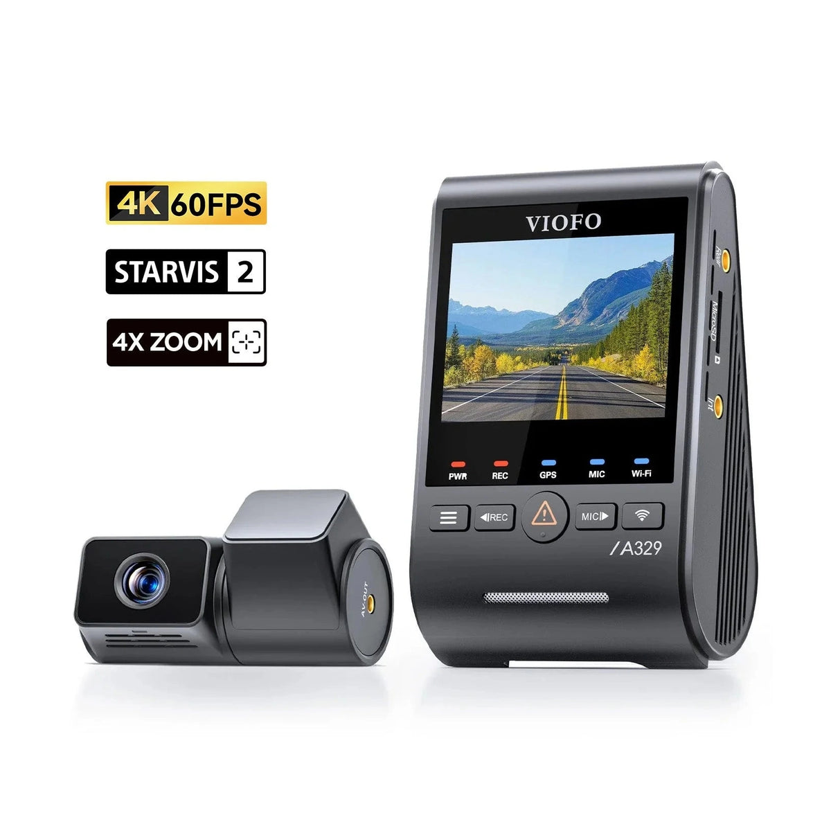 VIOFO A329T 4K 60FPS STARVIS 2 dash cam with 4X zoom badge and side port layout on matte black finish