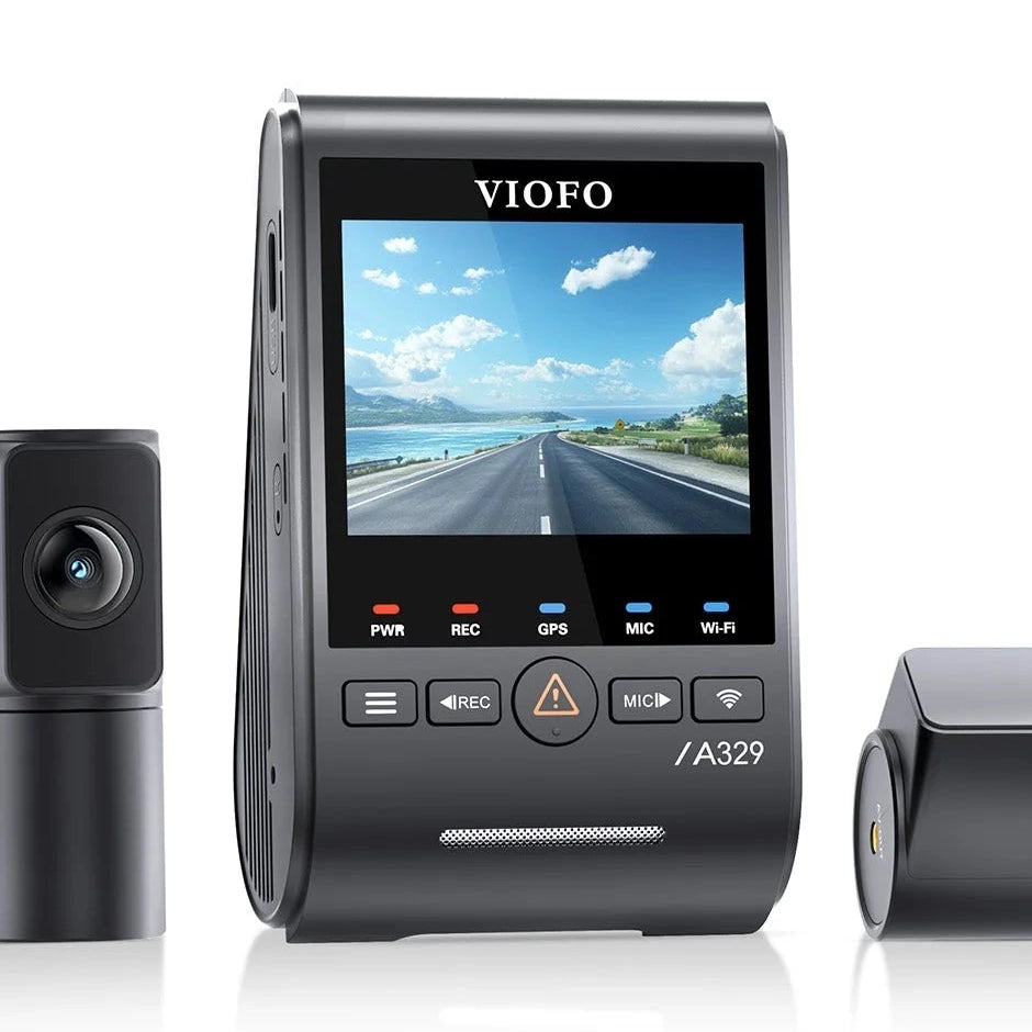 Black VIOFO A329T front and rear camera modules with matte finish