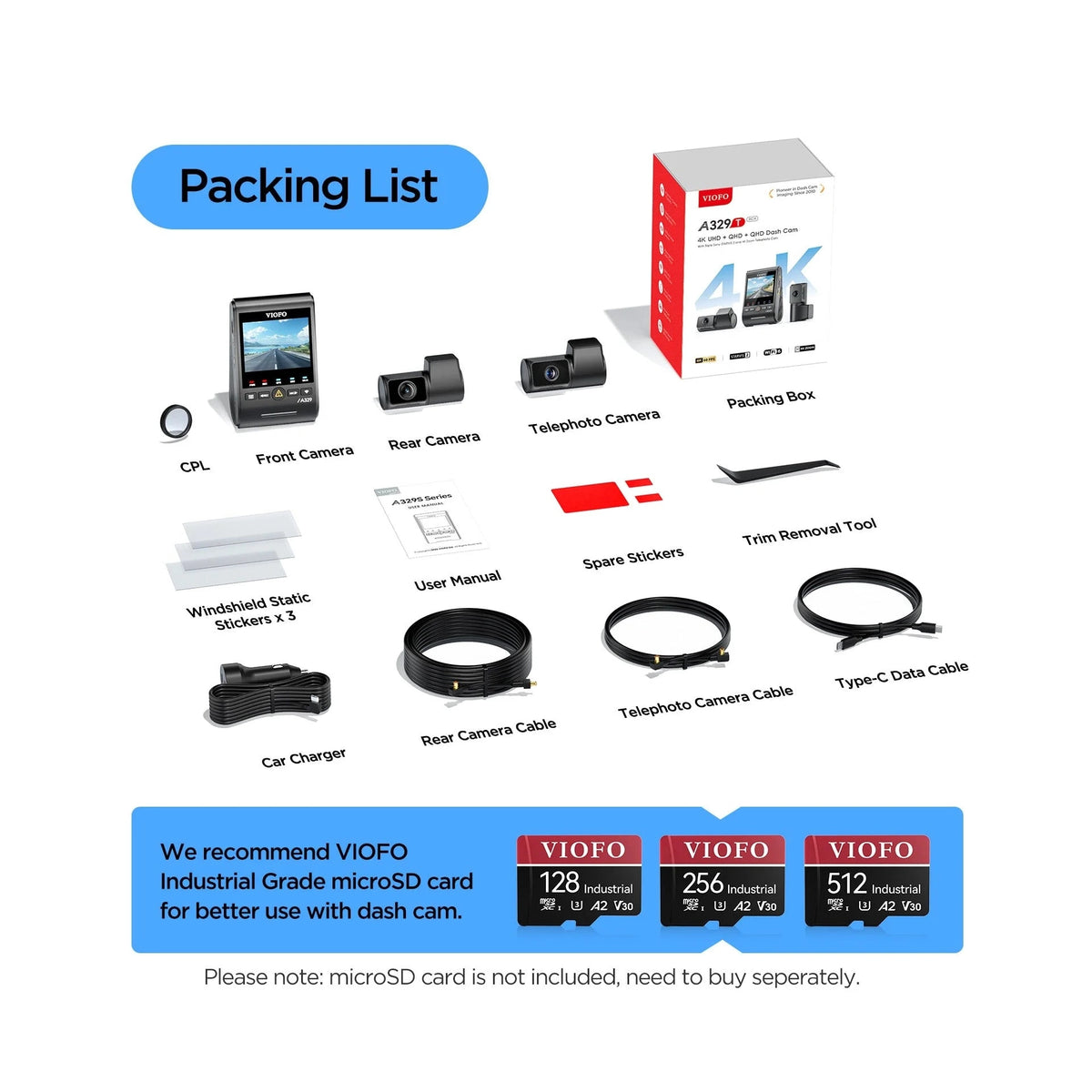 VIOFO A329T 3CH dash cam packing list with cables and accessories