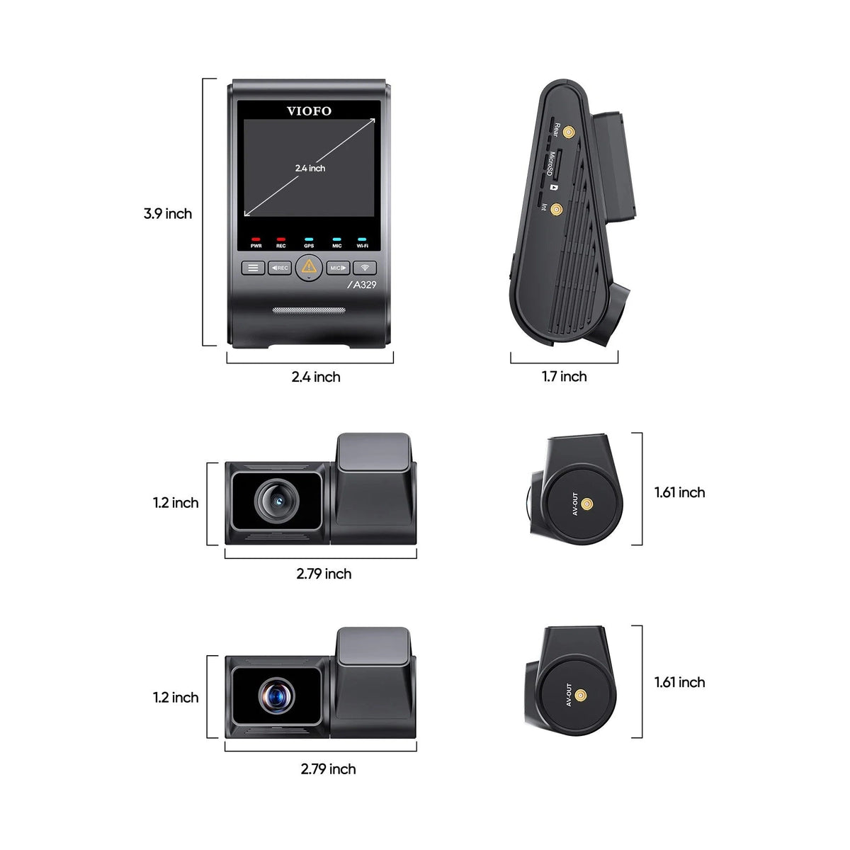 VIOFO A329T dash cam side view with screen indicators and ports