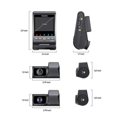 VIOFO A329T dash cam side view with screen indicators and ports