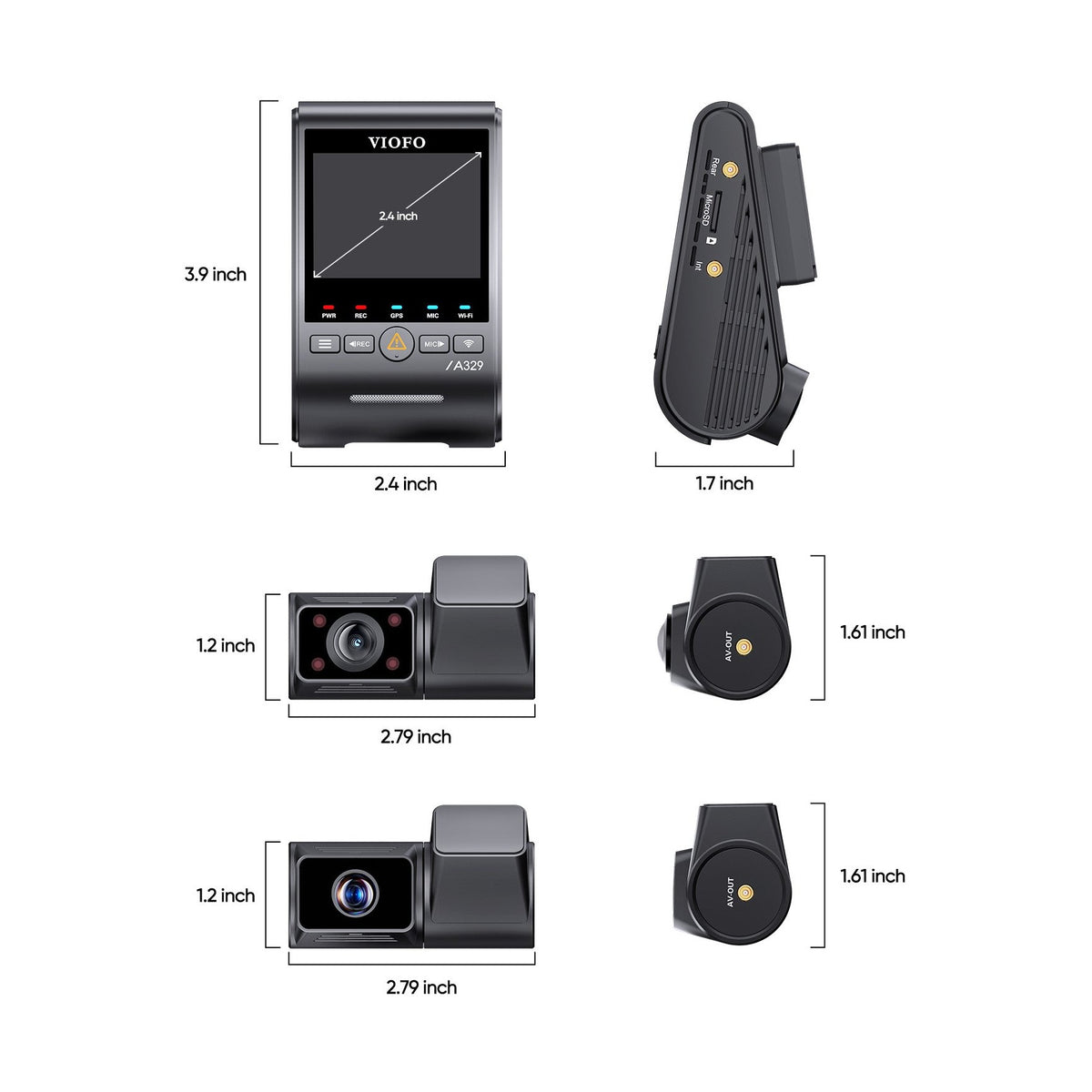 VIOFO A329TC technical dimension diagram showing main unit size, ports, and matte black plastic housing measurements