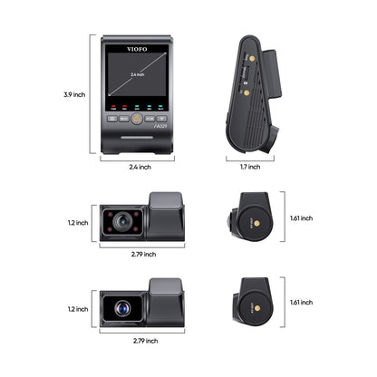 VIOFO A329TC technical dimension diagram showing main unit size, ports, and matte black plastic housing measurements