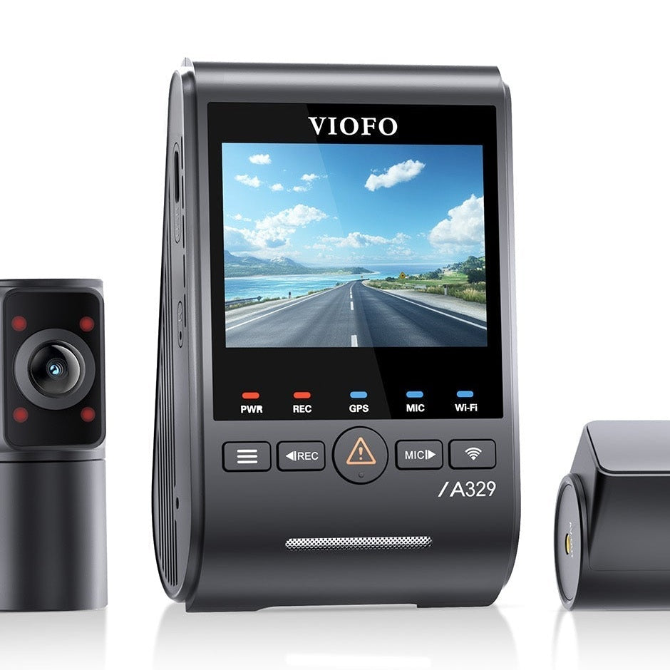 VIOFO A329TC three-camera dash cam setup featuring fisheye cabin camera with red LEDs and telephoto lens in matte black