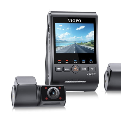 VIOFO A329TC 3-channel dash cam system with 4K front camera, telephoto lens, and cabin camera on white background