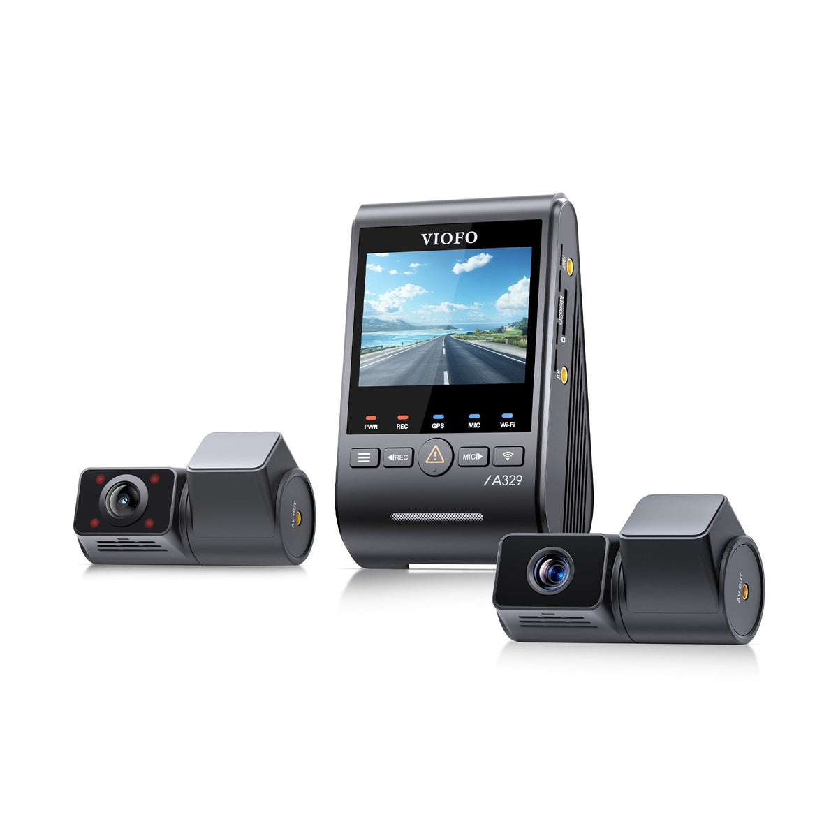 VIOFO A329TC dash cam system with tactile control buttons, side vents, and angular matte black telephoto camera design