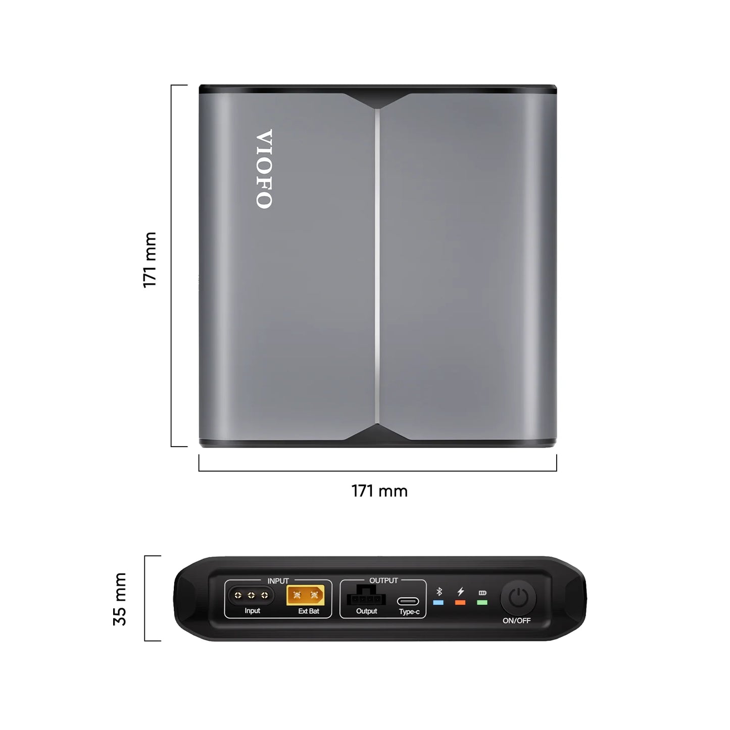 Technical diagram of VIOFO BP100 dash cam battery dimensions and port specifications