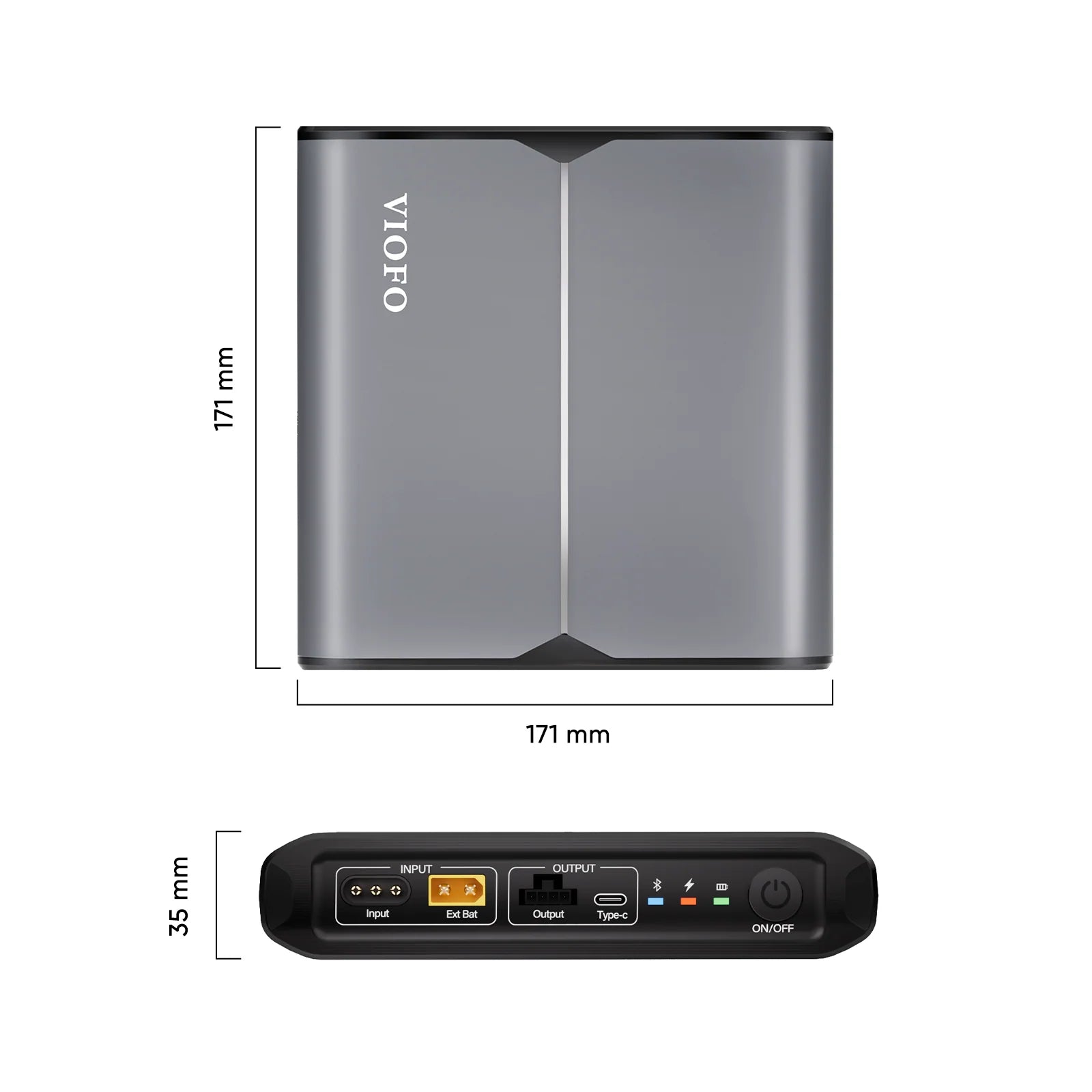 Technical diagram of VIOFO BP100 dash cam battery dimensions and port specifications