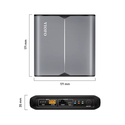 Technical diagram of VIOFO BP100 dash cam battery dimensions and port specifications