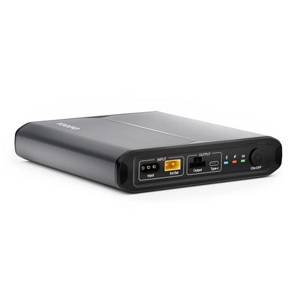 Three-quarter view of VIOFO BP100 dash cam battery highlighting sleek design and ports