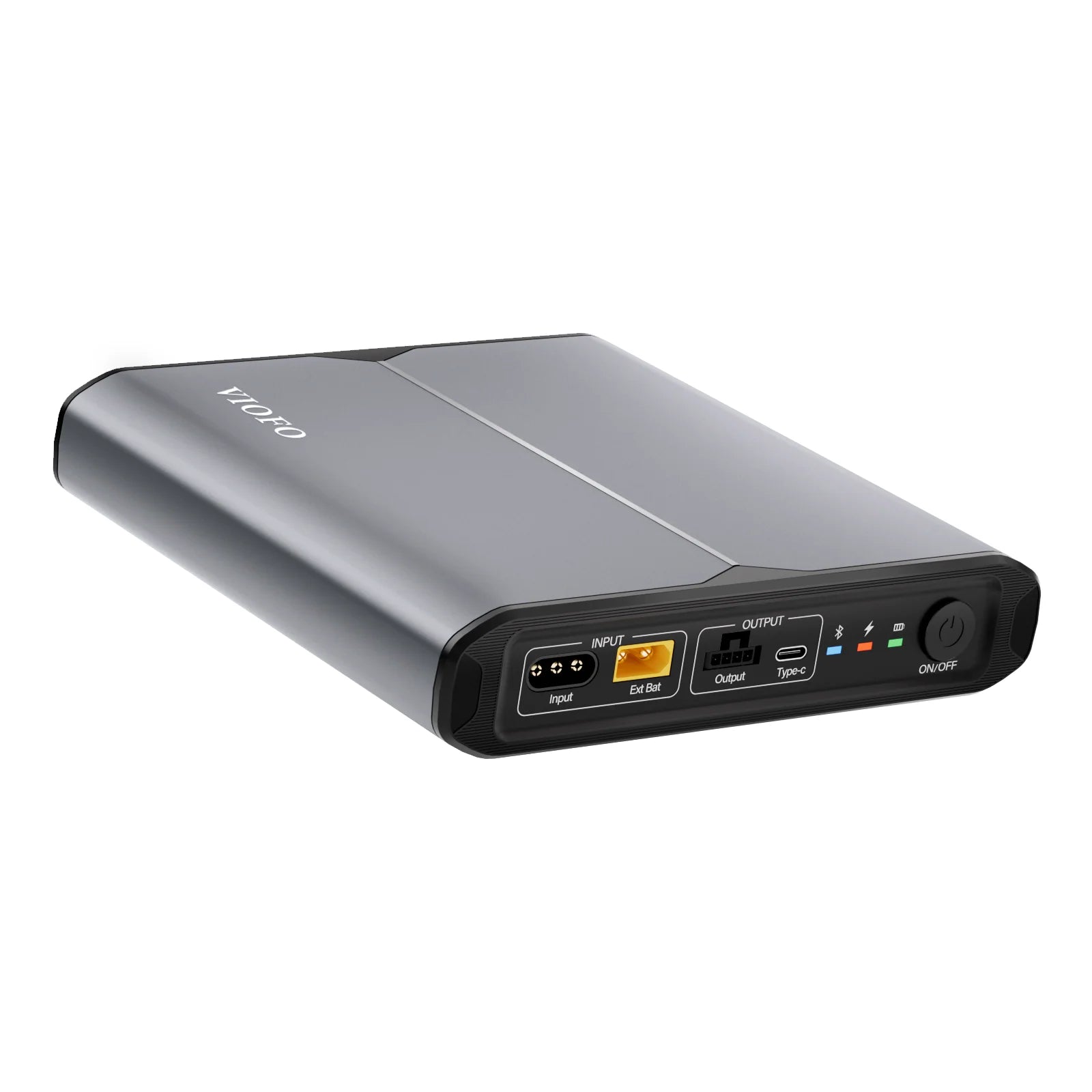 Slim VIOFO BP100 dash cam battery side profile showing rubberized edges and port layout