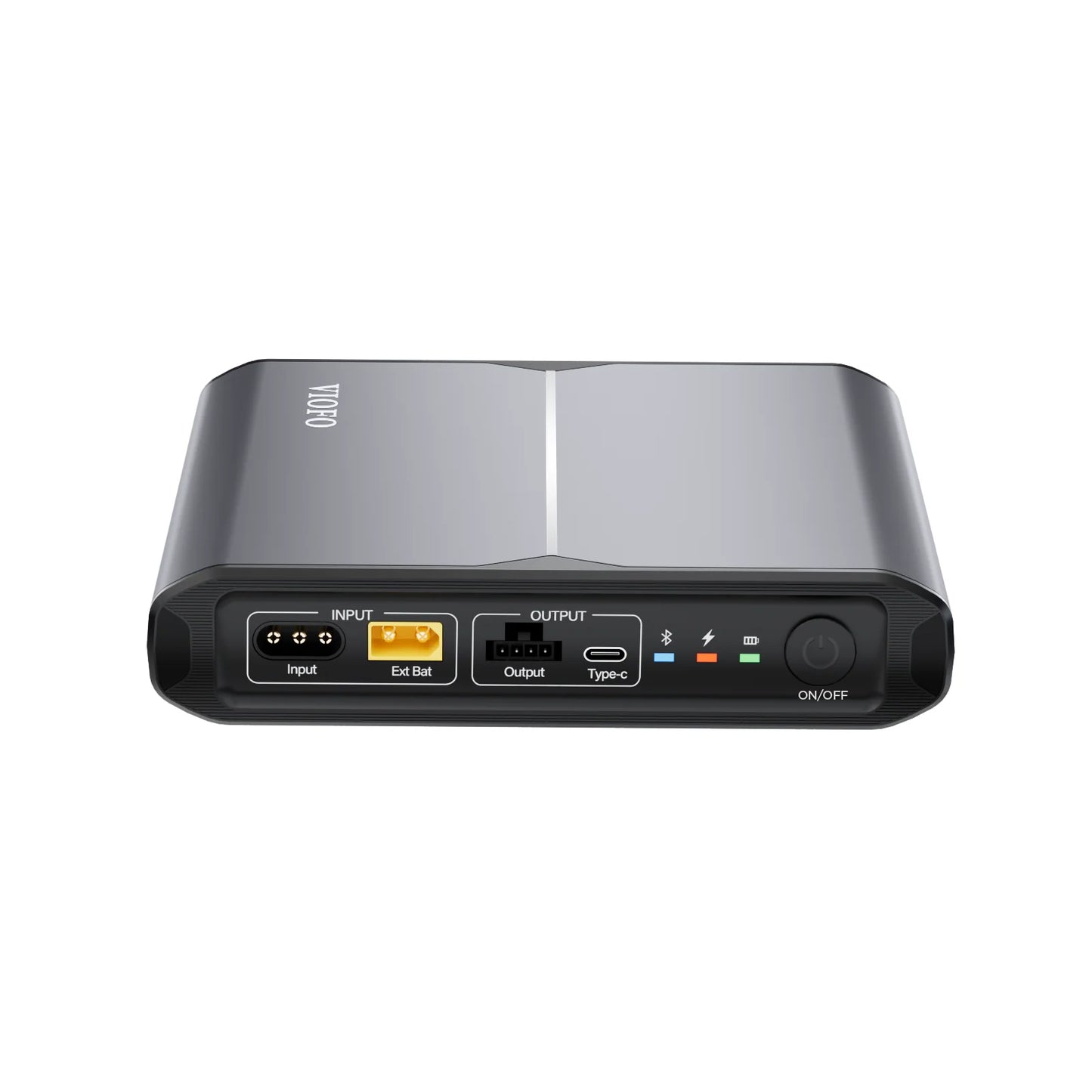 Rear view of VIOFO BP100 battery pack displaying INPUT OUTPUT ports and power button