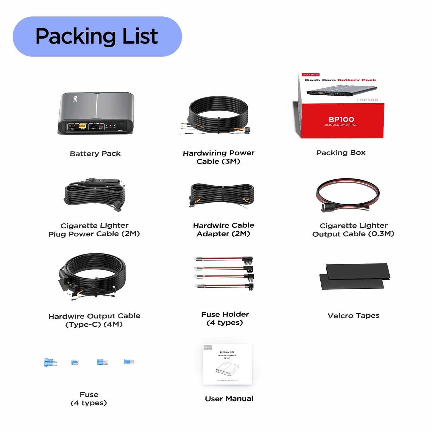 VIOFO BP100 dash cam battery packing list including cables fuses and user manual