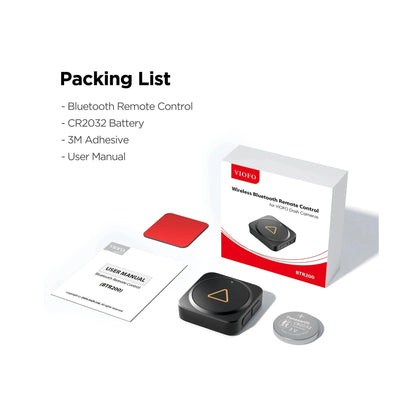 VIOFO BTR200 wireless remote box contents including battery and adhesive pad