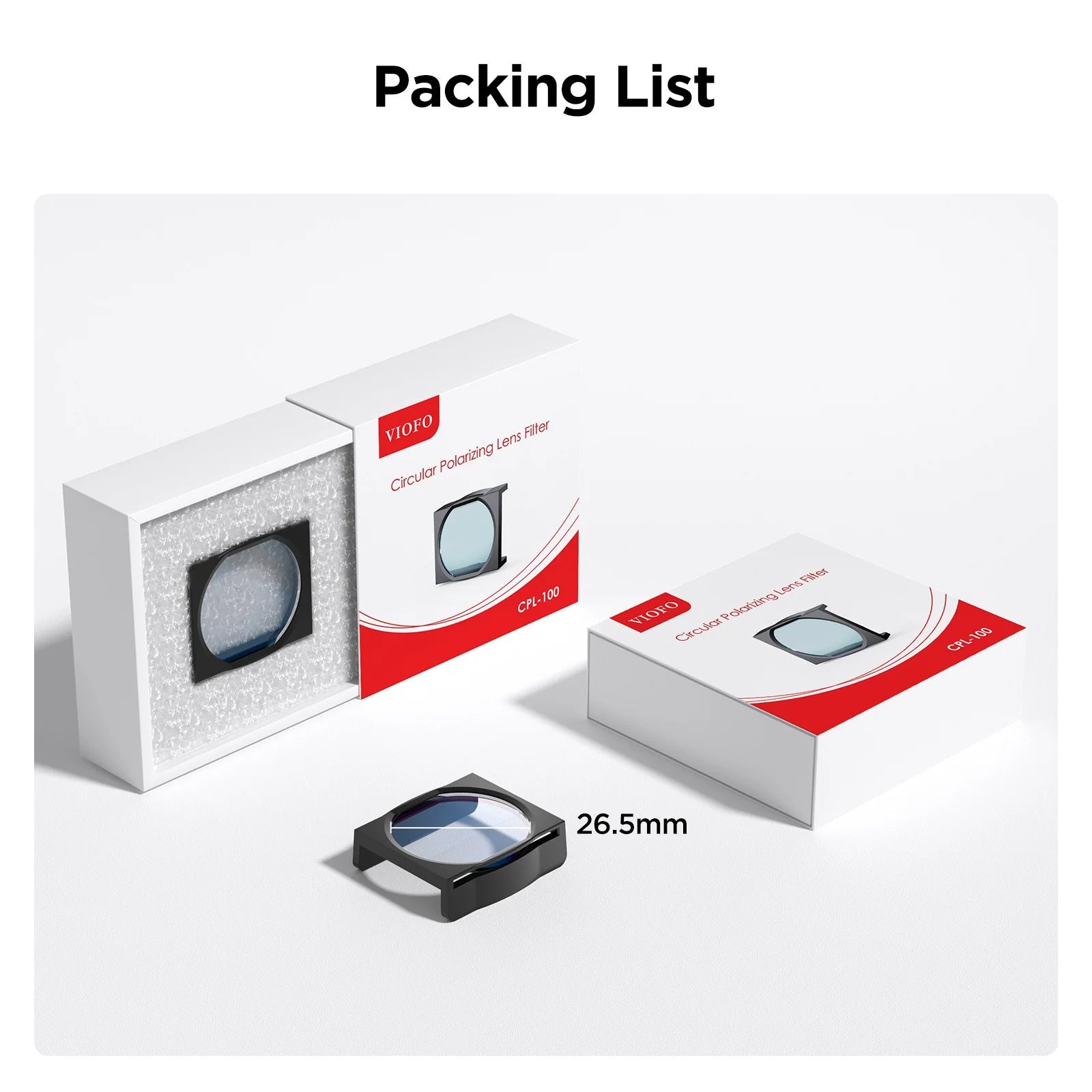 VIOFO CPL-100 polarizing lens filter packaging and 26.5mm accessory in retail box
