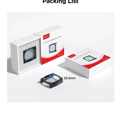 VIOFO CPL-100 polarizing lens filter packaging and 26.5mm accessory in retail box