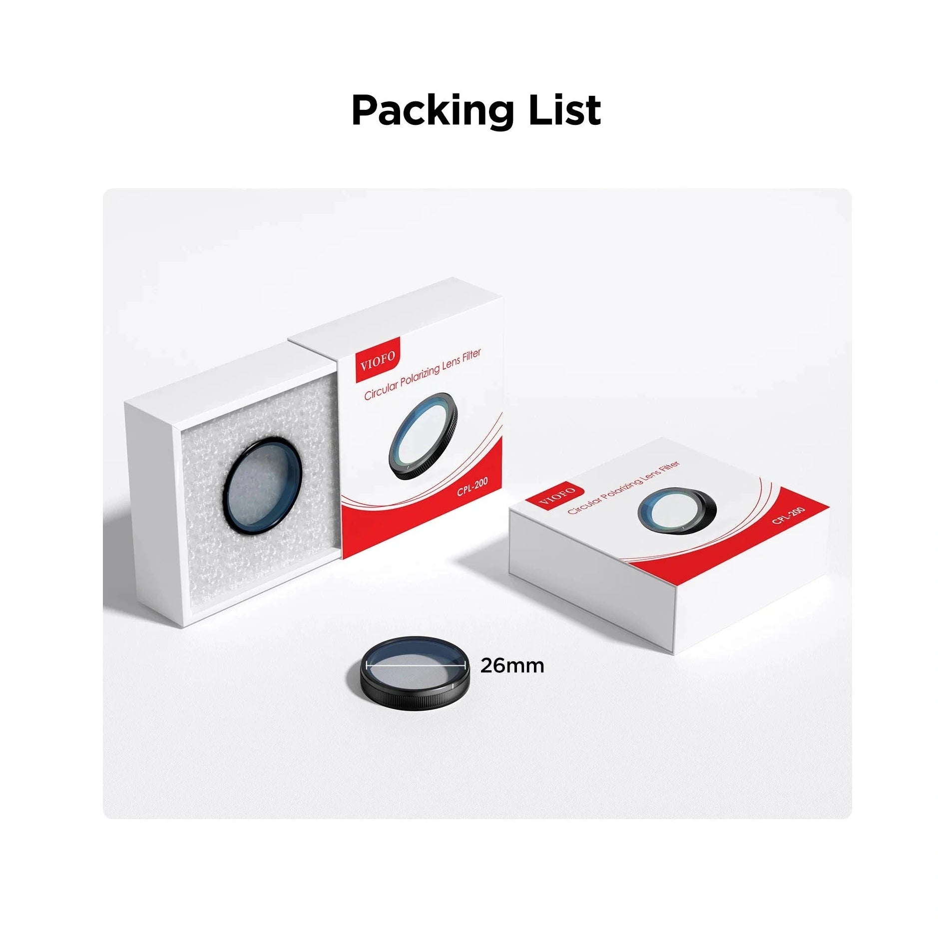 VIOFO CPL-200 26mm circular polarizer filter packaging with lens and foam insert