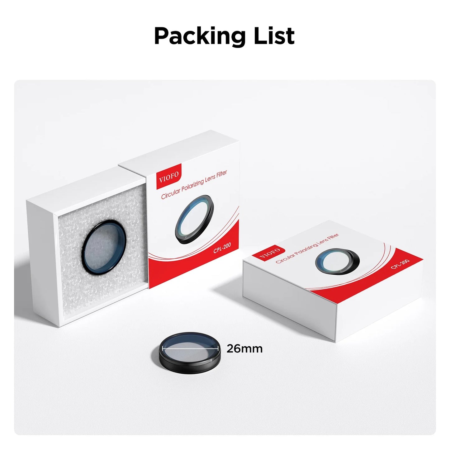 VIOFO CPL-200 26mm circular polarizer filter packaging with lens and foam insert