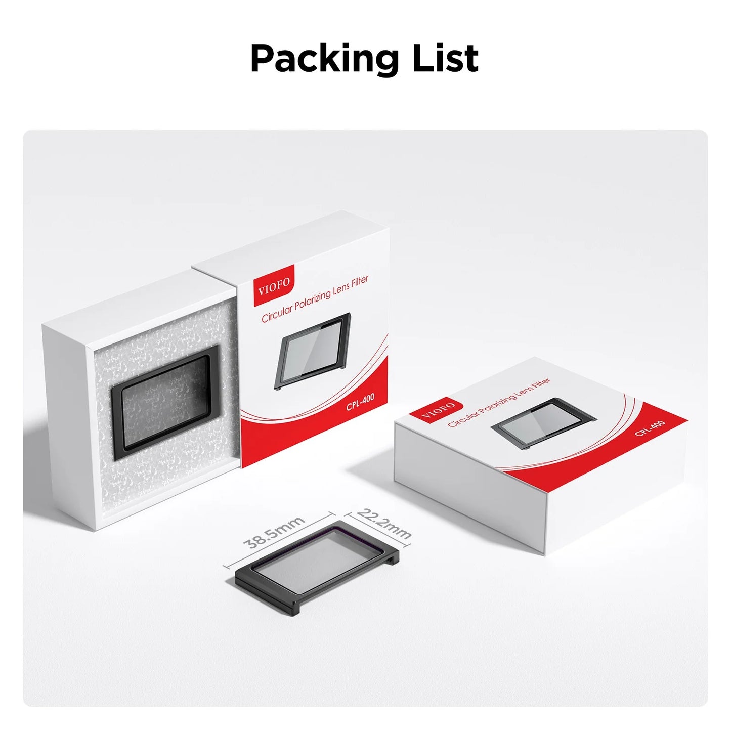 VIOFO CPL-400 packaging with circular polarizing lens filter and foam insert