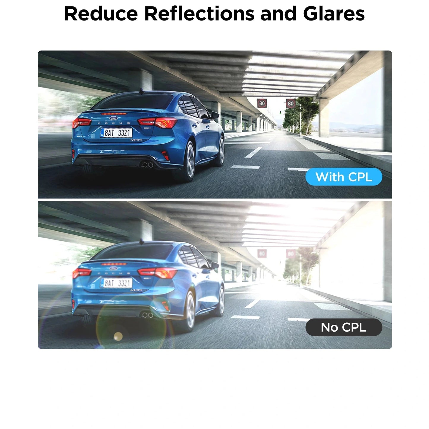 Before and after comparison of Ford Focus rear window glare reduction using VIOFO CPL filter