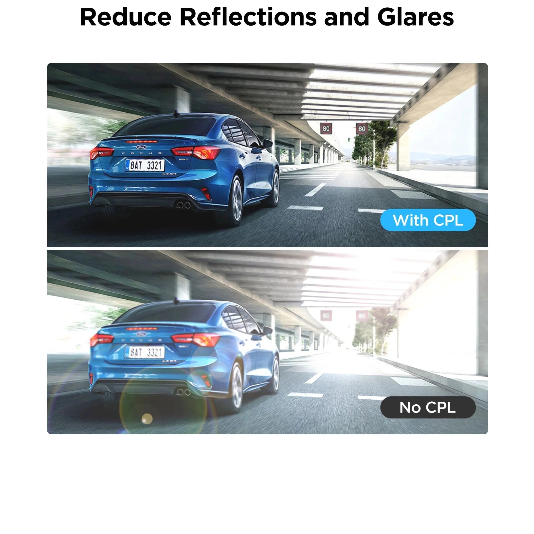 Before and after comparison of Ford Focus rear window glare reduction using VIOFO CPL filter