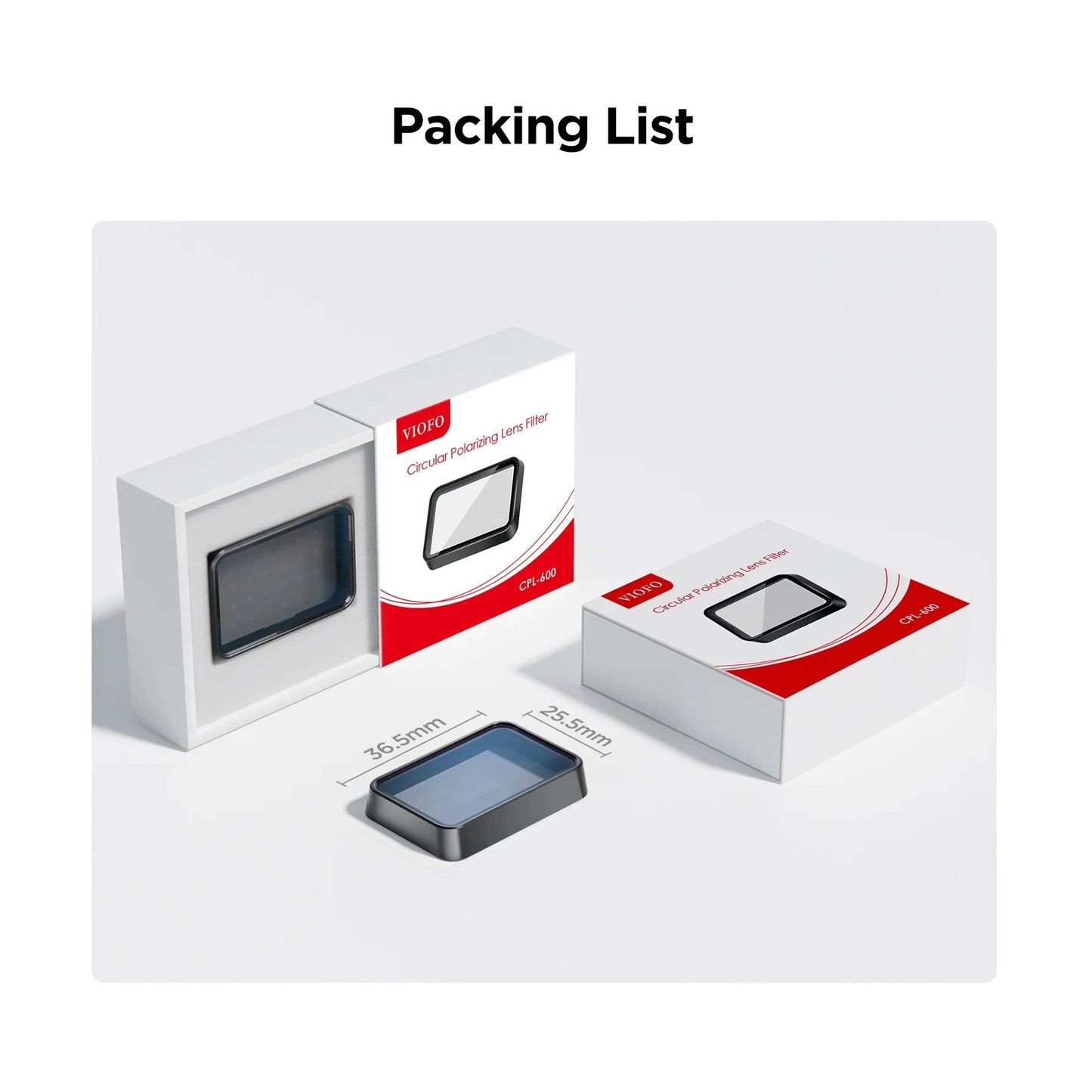 VIOFO CPL-600 packaging box with foam insert and included circular polarizing lens filter