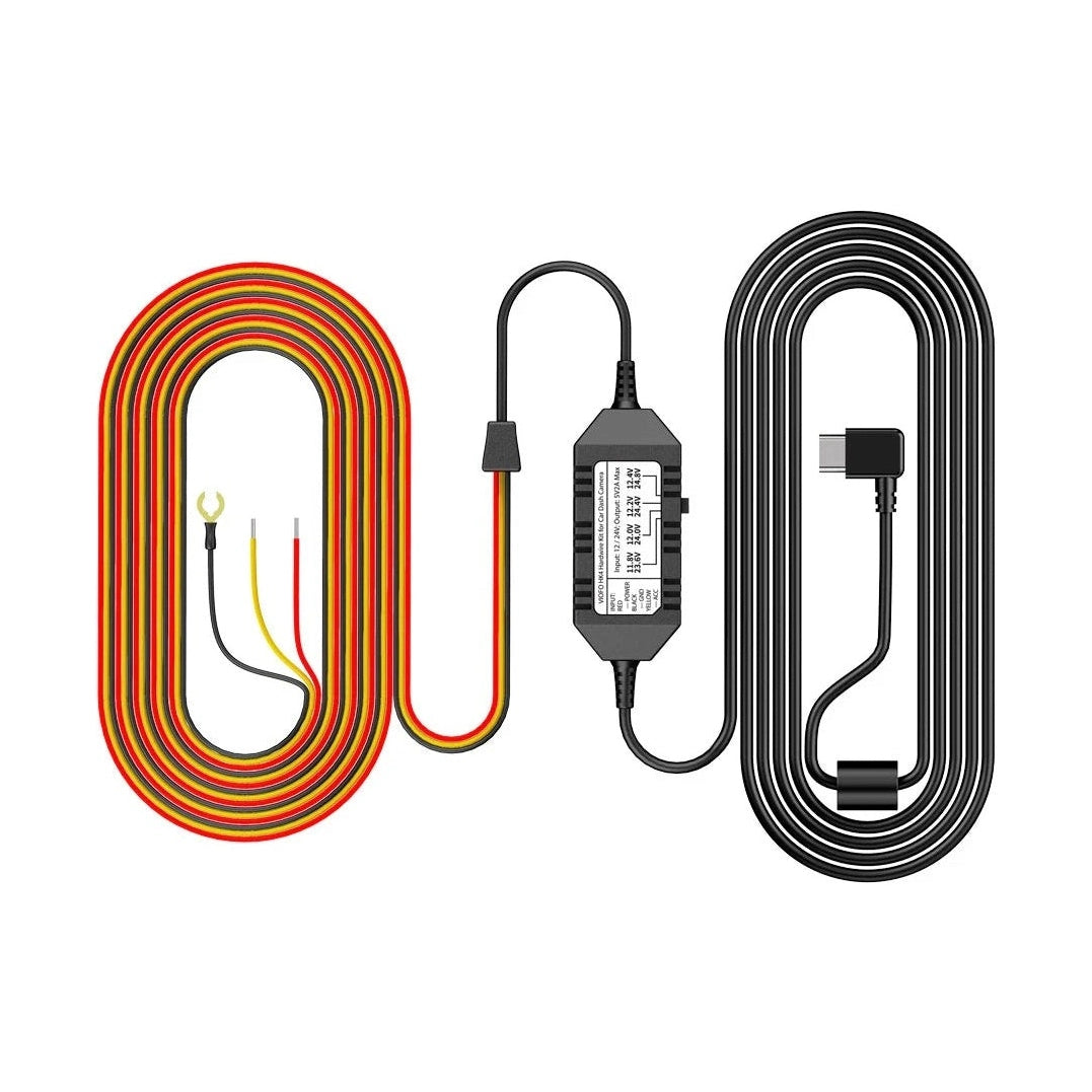 VIOFO HK4 hardwire kit components including red yellow black wiring harness and USB-C cable
